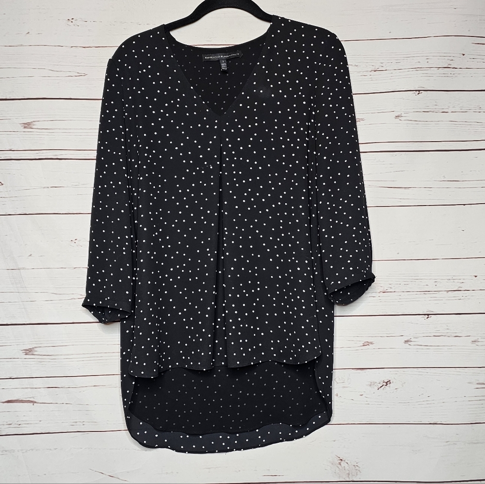 White House Black Market Black and White Polka Dot V-Neck Blouse